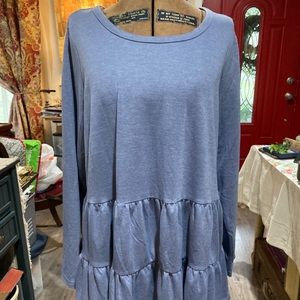 NWOT Jane & Delancey Blue tunic top with ruffle bottom.